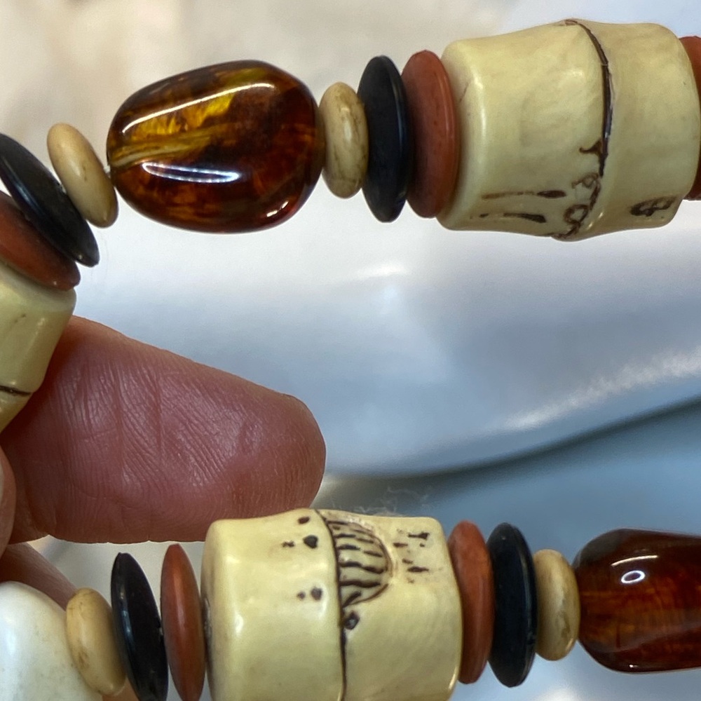 Vintage Tribal Mixed Media Choker Necklace Amber Wood Bone and Acrylic Beads 15” - Picture 6 of 13